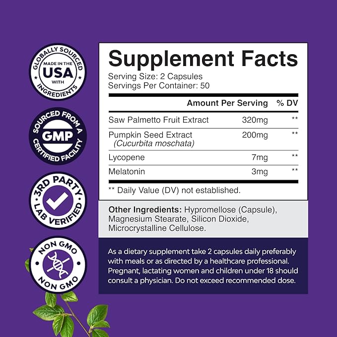 Nighttime Defense Saw Palmetto for Men - Saw Palmetto Extract Prostate Supplement for Men Help Reduce Night Urination Frequency Urgency and Overactive Bladder with Lycopene Pumpkin Seed and Melatonin