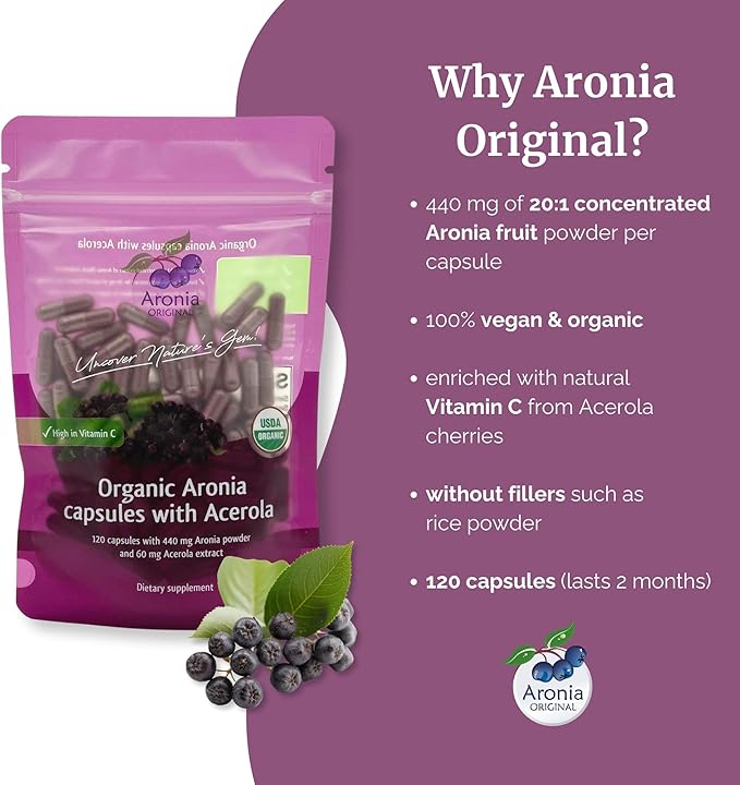 Aronia Berry Capsules Organic (60 Servings) | 17,600 mg Fresh Aronia Berries Equivalent & 120 mg Acerola Cherry Extract per Serving | High in Vitamin C & Antioxidants | Black Chokeberry Supplement