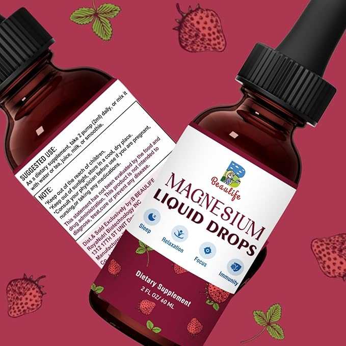 Magnesium Liquid Drop, 1000mg Magnesium Supplement，with Magnesium Glycinate & Citrate, Strawberry Flavor, Calm Mood, Sleep ，Relaxation, Immune, Heart for Adults and Kids