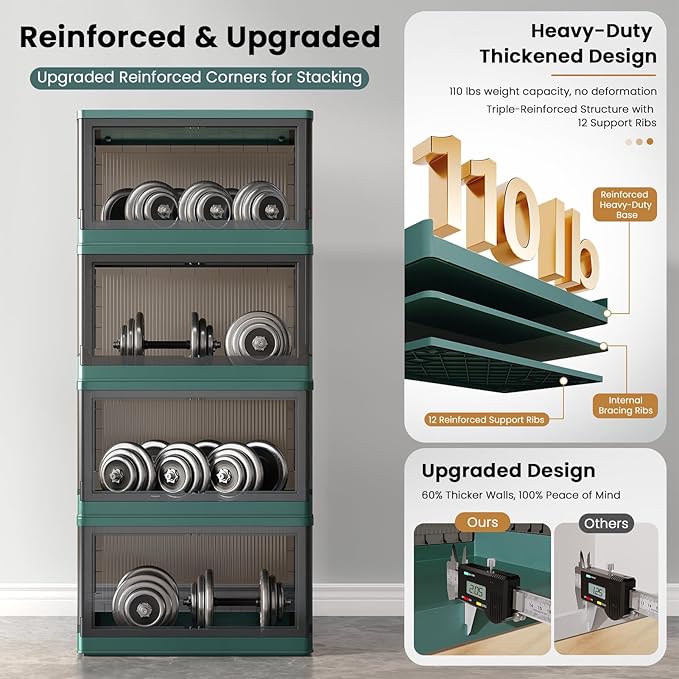 19Gal Collapsible Storage Bins with Lids & Wheels - 4 Pack Stackable with Doors, Heavy-Duty Plastic Containers for Home/Office, Green