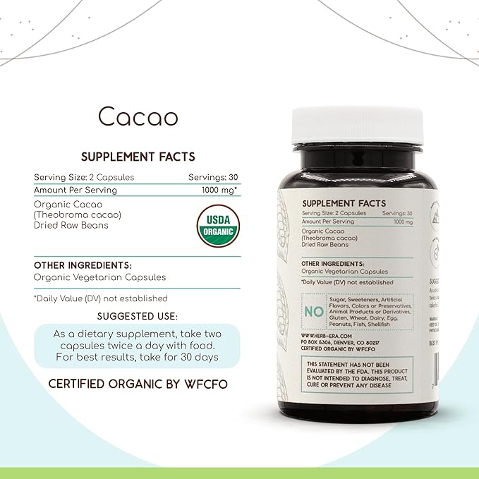 Cacao USDA Organic 60 Capsules | Natural Herbal Supplement | Certified Organic Vegetarian Capsules and Organic Cacao (Theobroma Cacao) Dried Raw Beans (60 Capsules)