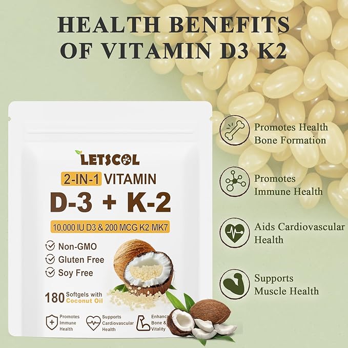 2-in-1 Vitamin D3 K2 Supplement Softgel, Vitamin D3 10000 IU and Vitamin K2 200 mcg, K2 MK7 with D3 Vitamin Supplement Support Immune, Heart, Joint, Teeth & Bone Health