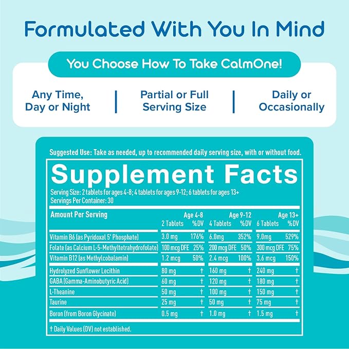 CalmOne Dietary Supplement for Adults & Children - Natural Calm to Balance The Gut, Brain & Nervous System - Fast Support for Anxiousness, Overwhelm, Sleep & Relaxation - 60 Chewable Tablets