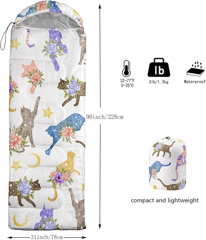 AILONEN Kids Floral Cat Camping Sleeping Bags,Lightweight & Waterproof,3 Season Warm & Cool Weather,Kawaii Kitten Sleeping Bags for Girls Adults,Travelling,Outdoors