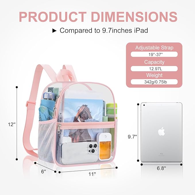USPECLARE Clear Backpack Stadium Approved 12X11x6, Waterproof Clear Bag Stadium Backpack for Concert Work Sport Event