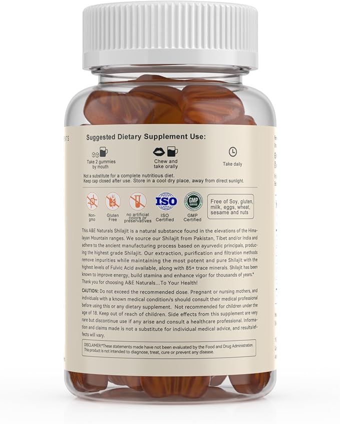 Altman & Erika A&E Naturals Shilajit Gummies, 60 Count, Organic Himalayan Shilajit for Men & Women, Vegan, Non-GMO