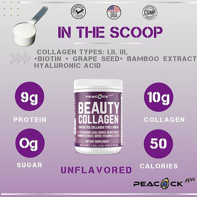 Beauty Collagen Peptides Grape Seed Extract Biotin Pasture Raised Bovine Bamboo Extract Vitamin A C D3 E Copper (24.54 oz (Pack of 2))