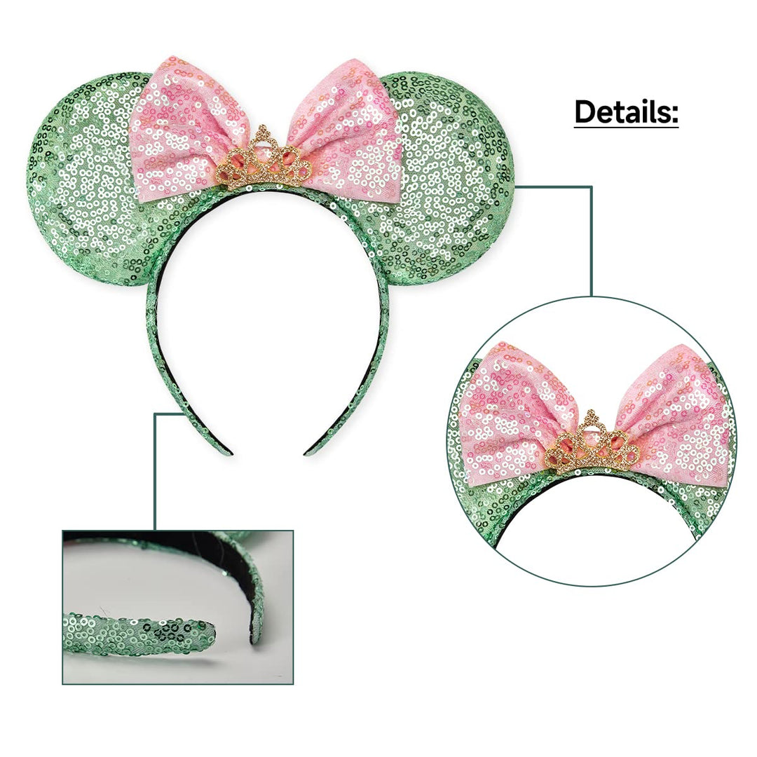 RAZKO Minnie Ears Headband, Sequin Mickey Mouse Ears for Women Girls Hair Accessories (Green Crown L)