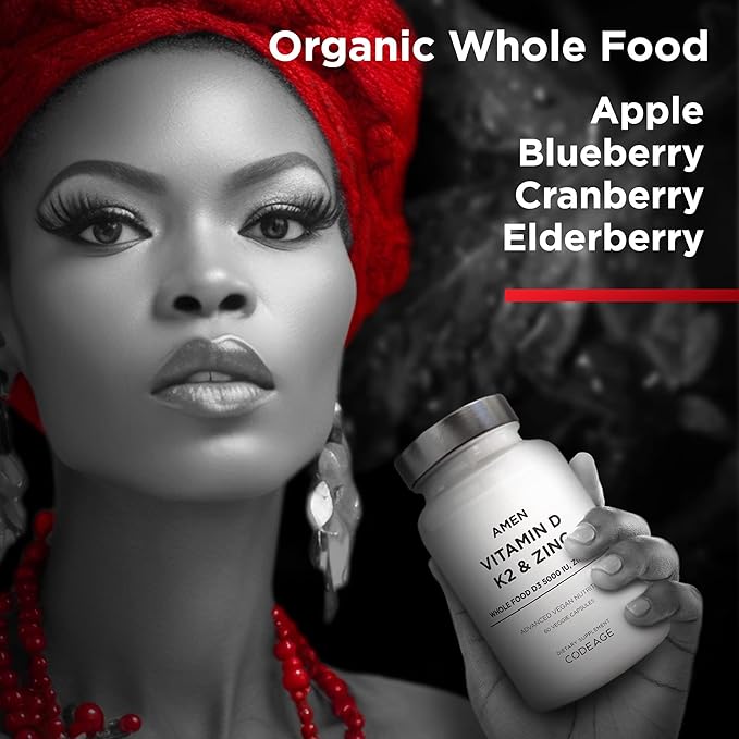 Amen Vitamin D, K2 & Zinc, Cholecalciferol D3 5000 IU, Organic Whole Food Blend with Apple, Blueberry, Cranberry, Elderberry Powder Fruits, Vegan Supplement, D3 K2 Vitamins, Non-GMO - 60 Capsules