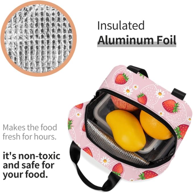 Imiss Strawberry Lunch Bag for Girls Women, Cute Fruit Strawberry Reusable Insulated Lunch Tote with Pocket Lunch Box for School Work Picnic