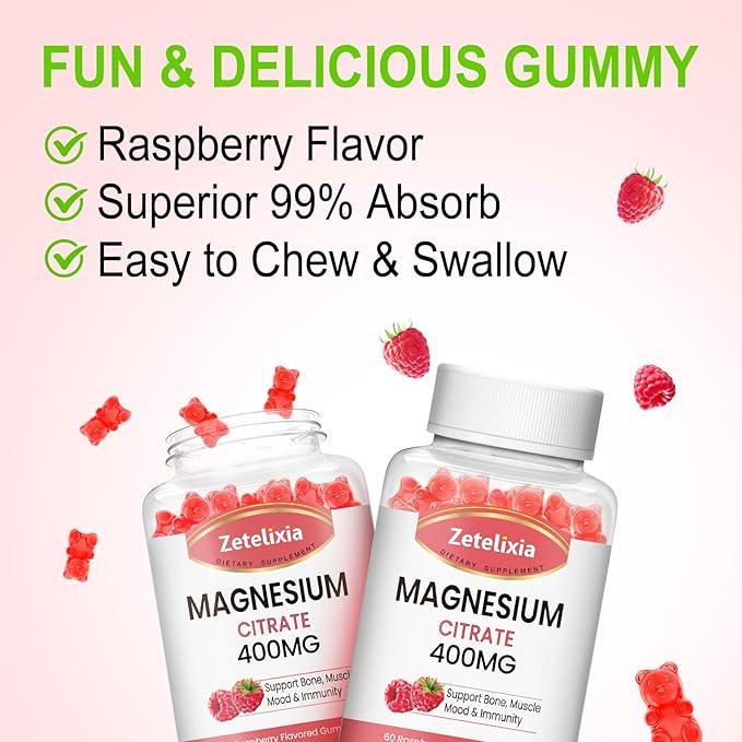 Magnesium Citrate Gummies, High Absorption Magnesium Gummies for Adults, Muscle & Teeth Support, 60 Vegan Natural Raspberry Gummies