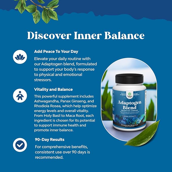 Herbal Adaptogen Mood Support Supplement - Calming Adaptogens Supplement for Stress & Cortisol Management with Ashwagandha Rhodiola Rosea & Maca Root - Vegan Non GMO & Daytime Friendly -180ct