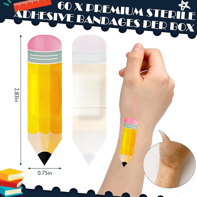 Geiserailie 60 Pcs Back to School Pencil Kids Bandages with Gift Box Self Adhesive Pencil Bandages for Minor Cuts Scrapes Fun First Aid Kit Graduation Gift First Day of School Classroom Party Supplies