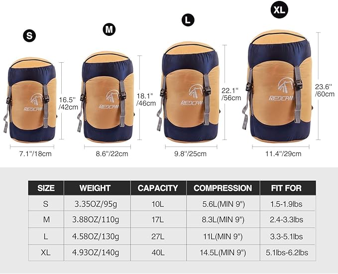 REDCAMP Nylon Compression Stuff Sack, 10L/17L/27L/40L Lightweight Sleeping Bag Compression Sack Great for Backpacking, Hiking and Camping,Blue/Yellow/Army Green/Black