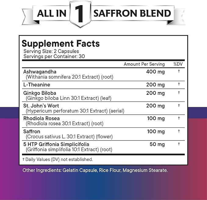 NEW AGE Saffron Supplements with Ashwagandha - Support with L-Theanine, Ginkgo Biloba, St. John's Wort, Rhodiola Rosea & 5-HTP - Saffron 60 Count