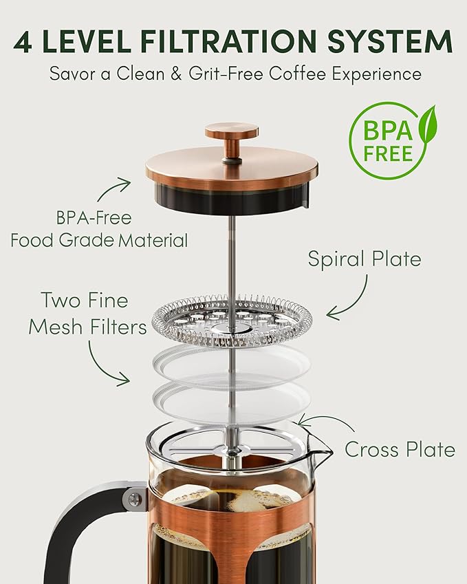BAYKA 34oz 1 Liter French Press Coffee Maker,Mothers Day Gifts for Mom,Coffee Lover Gift,Heat Resistant Thickened Borosilicate Glass Stainless Steel Brewer,Cold Brew Cafetera Teapot for Kitchen,Copper