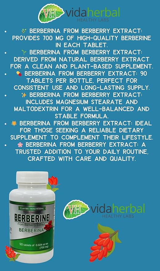 Berberina (Berberine) from Berberry Extract - 90 Tablets (700 mg) Dietary Supplement - Magnesium Stearate, Maltodextrin,