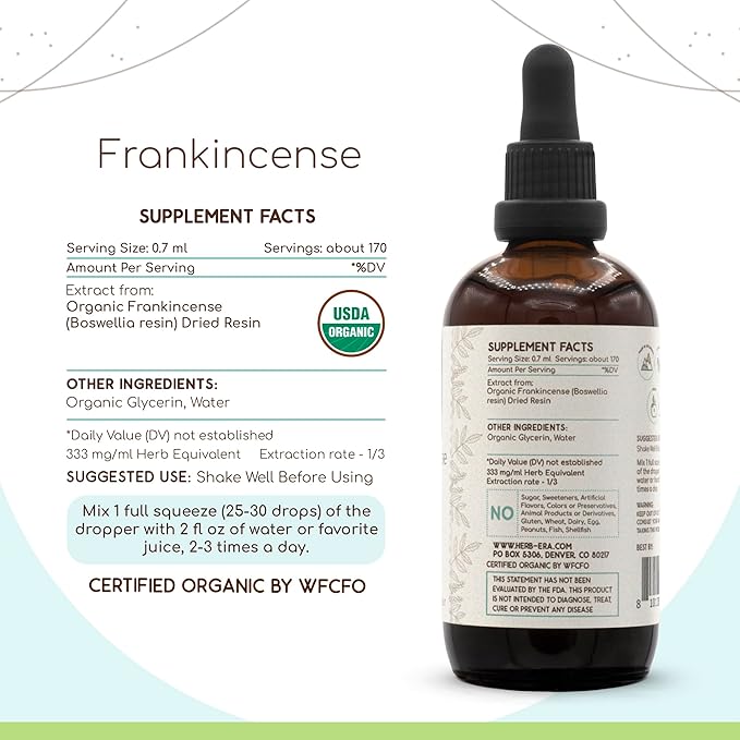 Frankincense B120 USDA Organic Tincture | Alcohol-Free Extract, High-Potency Herbal Drops, Immune System, Positive Mood | Certified Organic Frankincense Dried Resin (2x4 fl oz)