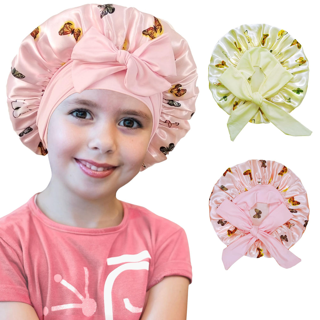 choshion 2 PCS Kids Bonnets for Girls, Silk Bonnet for Kids, Satin Silk Hair Bonnet for Sleeping with Tie Band, Baby Toddler Teens Child Sleep Cap for Curly Hair Braids