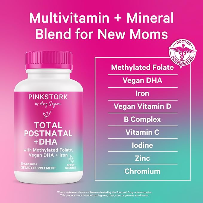 Pink Stork Total Postnatal Vitamins for Women with Vegan DHA, Iron, Folate, and Vitamin B12, Postpartum Recovery Essentials, Daily Supplement for Breastfeeding Moms - 1 Month Supply