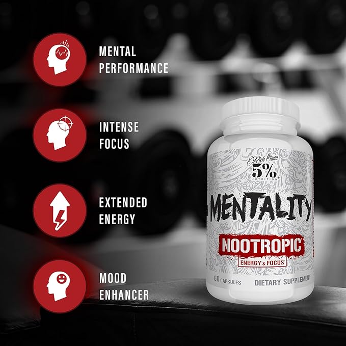 5% Nutrition Rich Piana Mentality Nootropic Blend | Brain Booster Supplement for Performance, Memory, Mental Clarity | Ginseng, Ginkgo, L-Theanine, Choline, Huperzine, 60 Capsules (30 Day Supply)