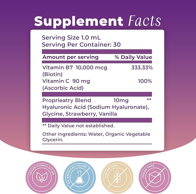 Beauty Bestie Vegan Liquid Drops, Biotin, Vitamin C, Hyaluronic Acid, Multi-Benefit Vitamins Blend to Support Healthy Hair, Skin & Nails Growth, Sugar Free 1 fl oz.