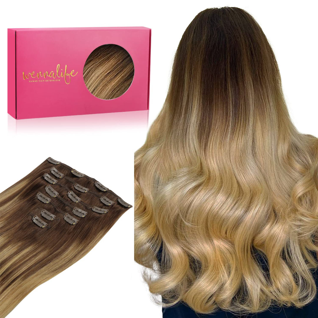 Wennalife Clip In Hair Extensions Real Human Hair, 18 Inch 120G 7Pcs Balayage Chocolate Brown To Dirty Blonde Hair Extensions Cl