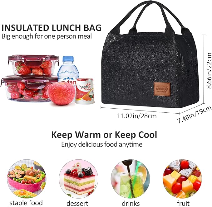 Aosbos Lunch Bag Women Insulated Lunch Bags for Adult Lunch Box for Women Lunchbox Lunch Tote Bag Cooler Bag for Work Office Picnic, Night Black