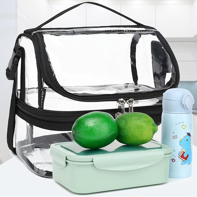 FlowFly Double Decker Cooler Insulated Lunch Bag Large Tote for Boys, Girls, Men, Women, With Adjustable Strap,Clear
