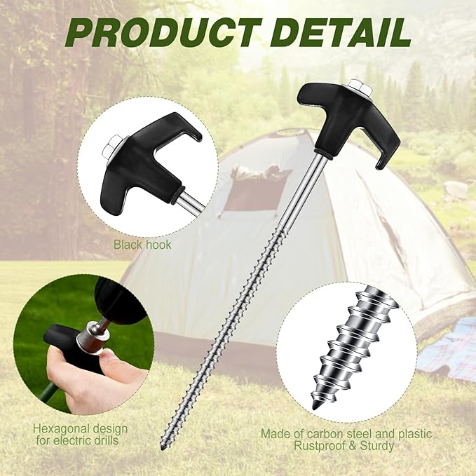 Hicarer 20 Pcs 8'' Screw in Tent Stakes Heavy Duty Ground Anchors Screw in Tent Pegs Ground Stakes Tent Spikes Metal Tent Spikes with Hex Head Driver for Camping Garden Canopies (Black)