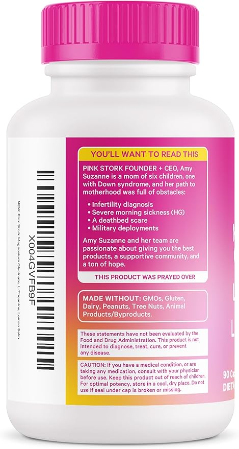 Pink Stork Magnesium Glycinate, L-Theanine, Lemon Balm - Melatonin-Free Magnesium for Sleep Support - Natural Calm and Relaxation - 90 Capsules