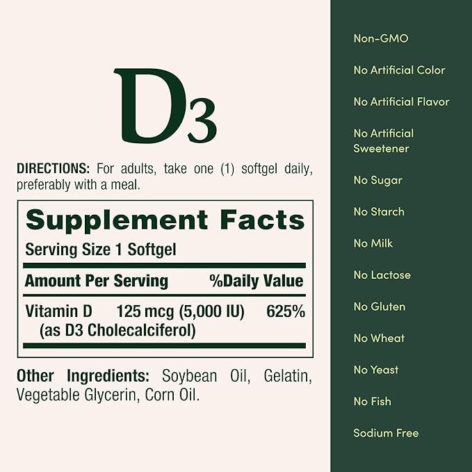 Nature's Bounty Vitamin D3 5000 IU Softgels, Rapid Release, Immune Support, Vitamin D Supplements, 150 Ct