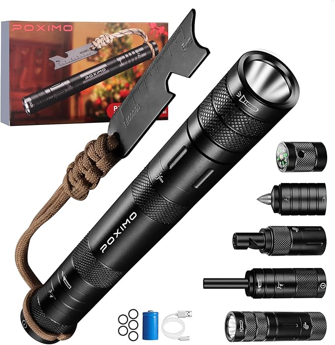 All-in-1 Multitool kits, Camping Survival Multi tool Flashlight+Fire Starter+Whistle+Compass+Window Breaker 9 In 1 EDC Gadgets for campers, Hiker, Surviver and Great Gifts for Men