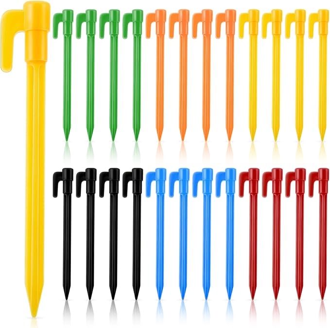 24 Pack Plastic Tent Stakes 5.7 Inch Heavy Duty Canopy Anchoring Pegs Plastic Tent Pegs Sand Stakes Outdoor Beach Spikes for Camping, Gardening, Landscaping, Backpacking(Multi Colors)