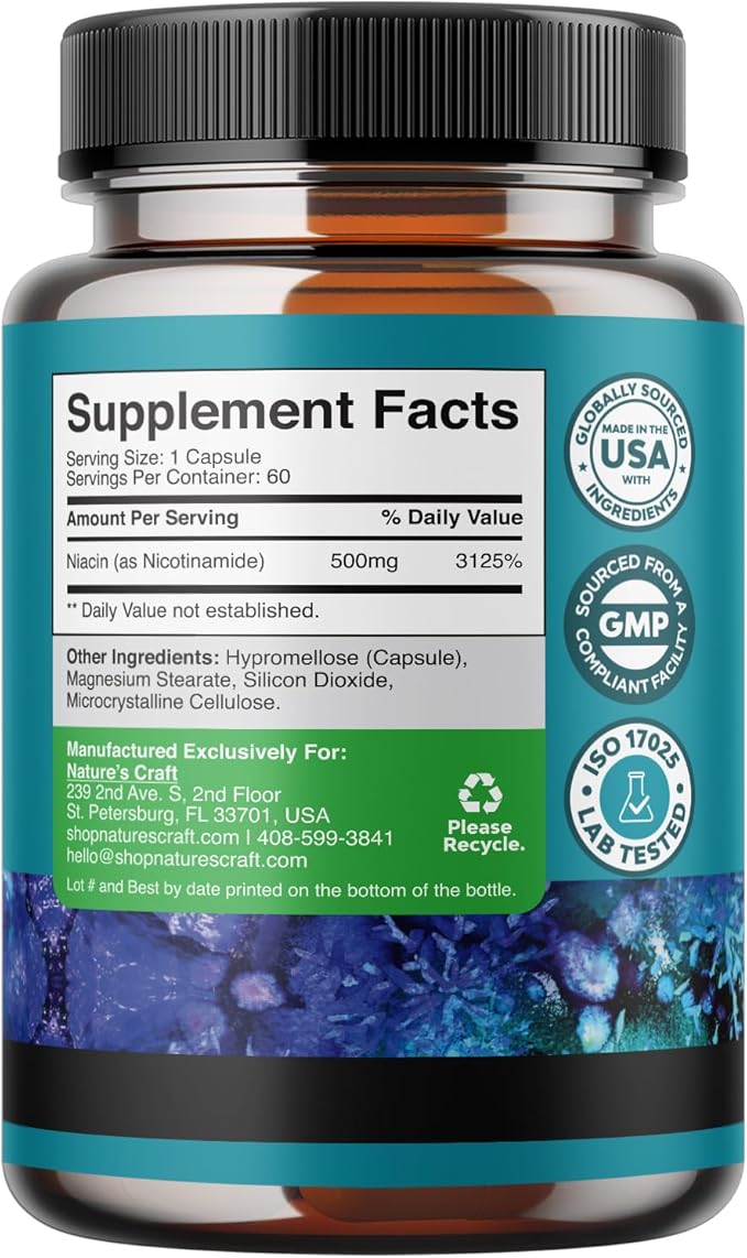 Vitamin B3 Niacinamide 500mg Capsules - Mitochondrial Energy and Potent Skin Supplement - Vitamin B3 Niacin 500mg Flush Free and Nicotinamide 500mg - Flush Free Niacin Supplement - 60 Count