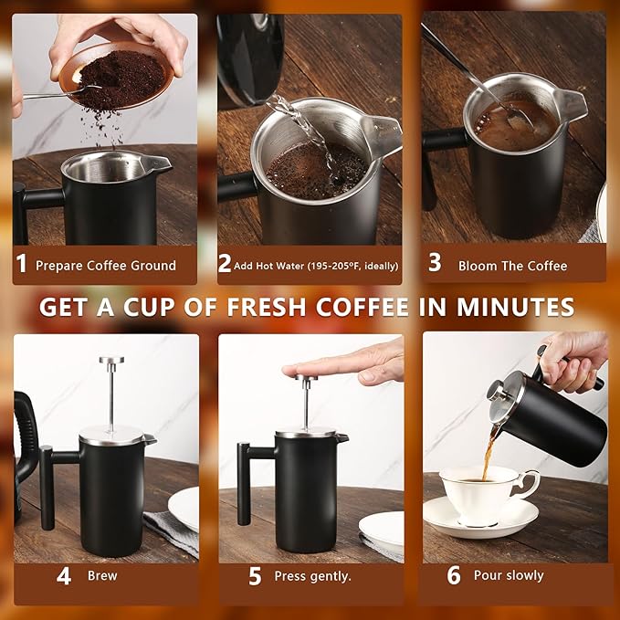 34 OZ Large French Press, Premium Stainless Steel Sturdy Insulated French Press Coffee Maker, 4-8 Cups French Coffee Press, Tea Presses for Home Kitchen Caming Loose Tea, Elegant Black