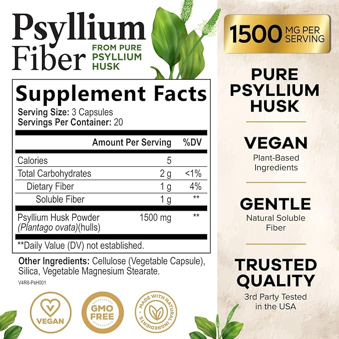 Psyllium Husk Fiber Supplement 1500mg, Natural Daily Soluble & Insoluble Fiber Pills, Psyllium Husk Powder Capsules Supports Digestion Colon Health & Regularity, Plant Based Supplement - 60 Capsules