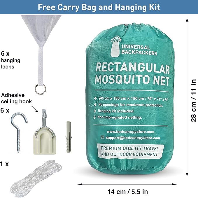 Mosquito Net for Single to King-Sized Beds – No Openings & 6 Hanging Loops – Decorative Rectangular Shape for Home & Travel – Bed Canopy Hanging Kit & Carrying Bag Included