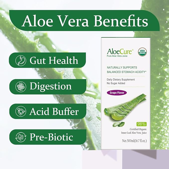 AloeCure Organic Aloe Vera Juice - 12 Bottle Sample Pack - Grape, Lemon, Natural Flavor, 12x500ml