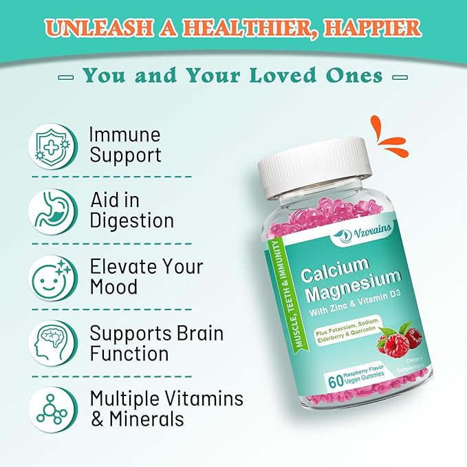 High Absorption Calcium Magnesium Zinc Gummies with Magnesium Glycinate 400mg, Sugar Free Calcium Magnesium Supplement for Bone & Teeth Strength, Muscle Function - Vegan, 120 Count
