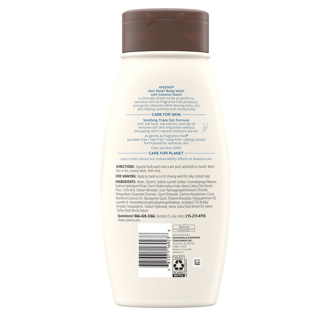 Aveeno Skin Relief Body Wash with a Gentle Coconut Scent & Triple Oat Formula, Daily Cleanser for Sensitive Skin Leaves Itchy, Dry Skin Feeling Soothed & Moisturized, Soap-Free, 18 fl. oz