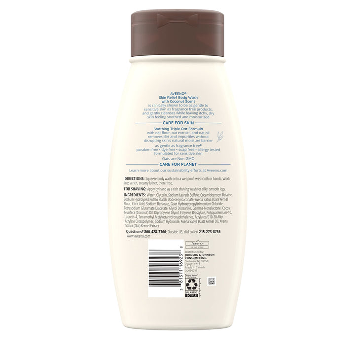 Aveeno Skin Relief Body Wash with a Gentle Coconut Scent & Triple Oat Formula, Daily Cleanser for Sensitive Skin Leaves Itchy, Dry Skin Feeling Soothed & Moisturized, Soap-Free, 18 fl. oz
