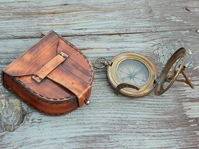 RII Antique Nautical Directional Magnetic Sundial Brass Compass, Antique Decor Birthday Gifts for Men, Astrolabe Gift for Him, Baptism Gifts with Engraved Quotes, Sun dial in Leather Case