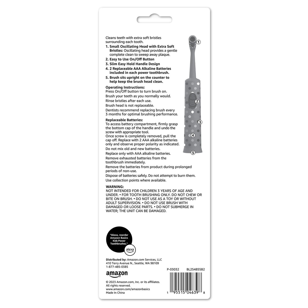 Amazon Basics Kids Battery Powered Toothbrush, 2 Count, 1 Pack (Previously Solimo)