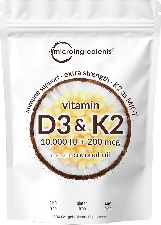 Micro Ingredients Vitamin D3 10000 iu + K2 200 mcg Coconut Oil Softgels & Organic Collagen Peptides Powder Bundle 2 Pack | Essential Sunshine Vitamins | Hydrolyzed Type I & III Bovine Collagen