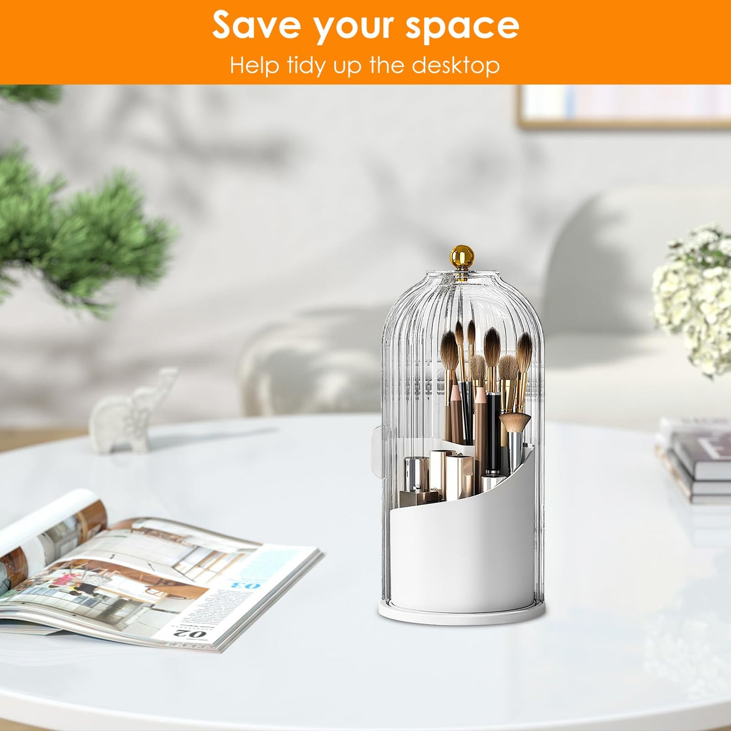 3 Slots Toothbrush Holder with Sliding Lid, 360° Rotating Covered Makeup Brush Holder, Bathroom Waterproof Dustproof Organizer for Vanity Bathroom (white)