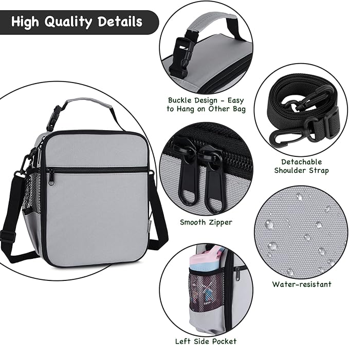 Kids Insulated Lunch Box Bag, Thermal Picnic Cool Bags with Adjustable Strap for Adults Children Women Men Boys Girls School Work (Gray)