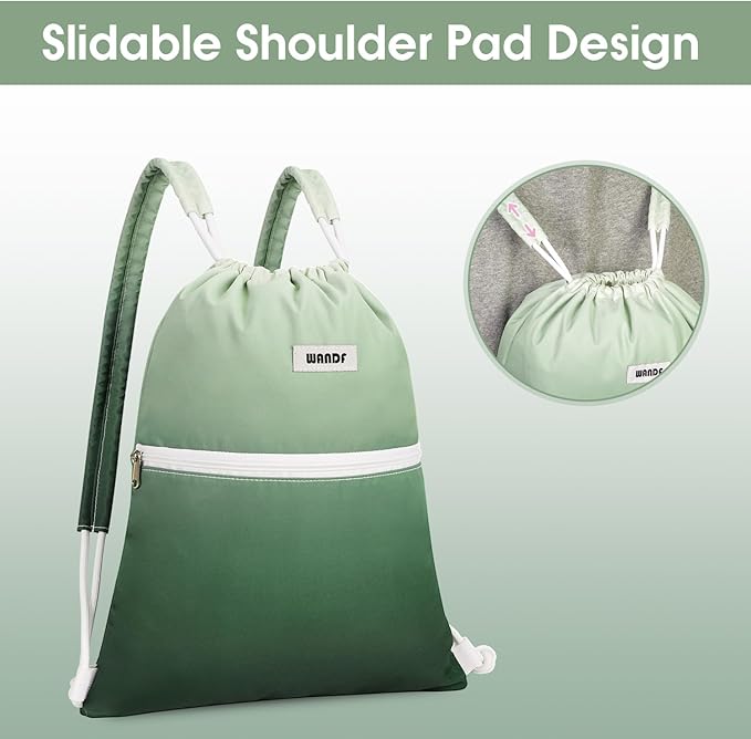 WANDF Drawstring Backpack Sports Gym Bag with Shoulder Pads Water Resistant String Cinch Bag for Women Men (Green Gradient)