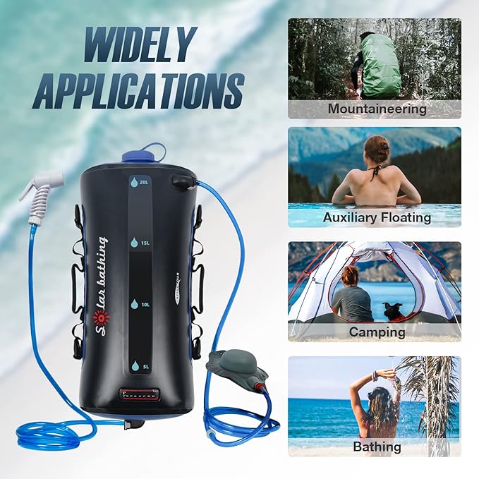 Portable Camping Shower Bag, 20L/5.4 Gallons Solar Shower Bag with Pressure Foot Pump and Shower Nozzle for Beach Camping Swim Travel Hiking Trip