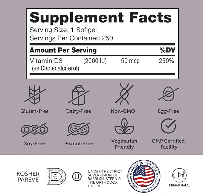 Zahler - Advanced Vitamin D3 2000 IU Softgels (250 Count) Kosher Vegetarian Friendly Vitamin D for Immune Support, Bone, Teeth & Muscle Health - Daily D3 Vitamin Supplement for Adults - Easy Swallow V